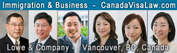 Jeffrey Lowe, BComm LLB, immigration business lawyer with team of 3 immigration lawyers and regulated immigration Canada Consultants - in Vancouver BC office - click to Website: English or Chinese Version